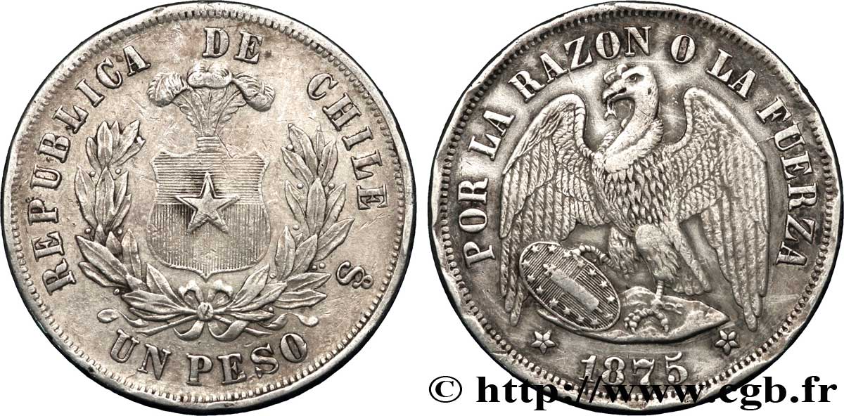 CHILI 1 Peso condor 1875 Santiago TB+ 