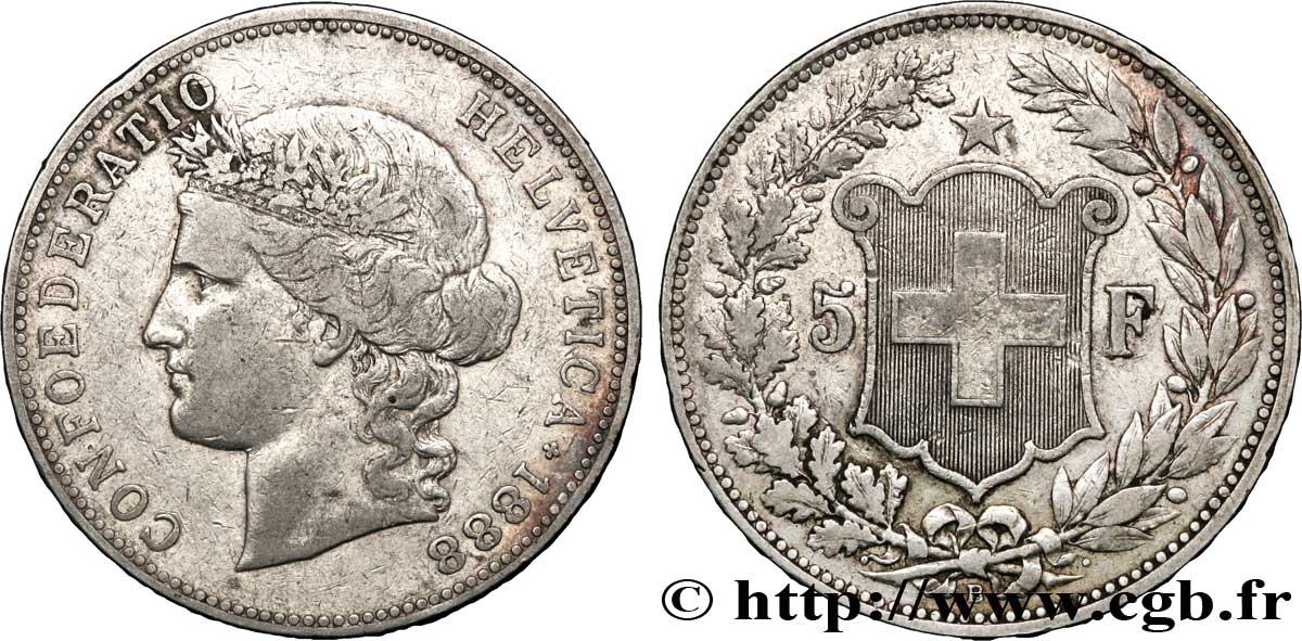 SUISSE 5 Francs Helvetia buste 1888 Berne - B TB+ 