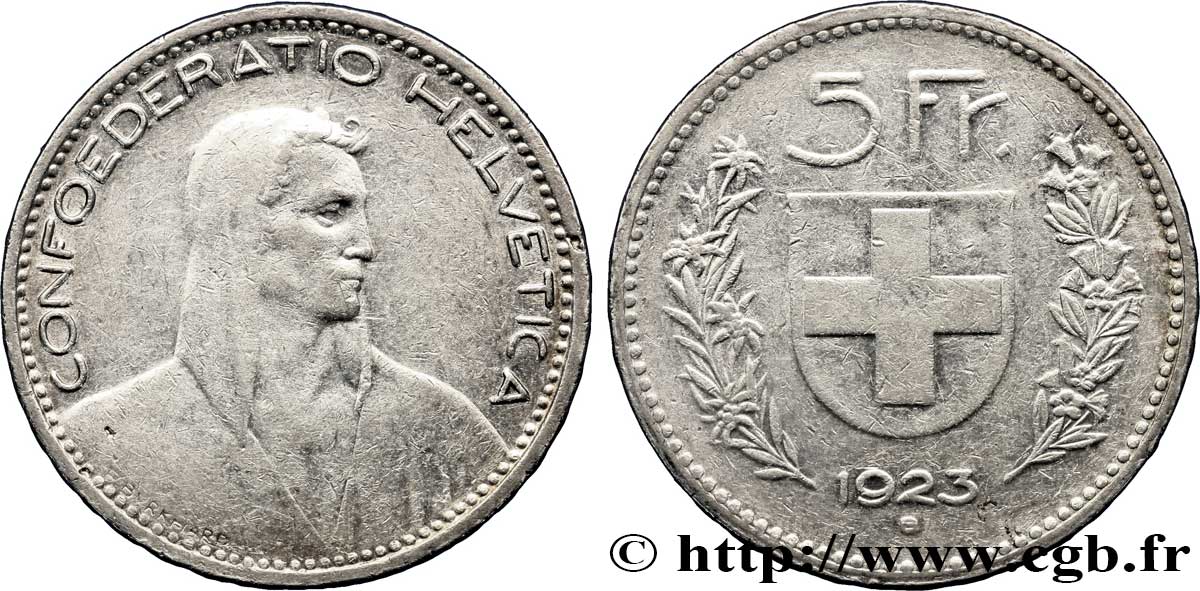 SUISSE 5 Francs berger / écu 1923 Berne - B TTB 