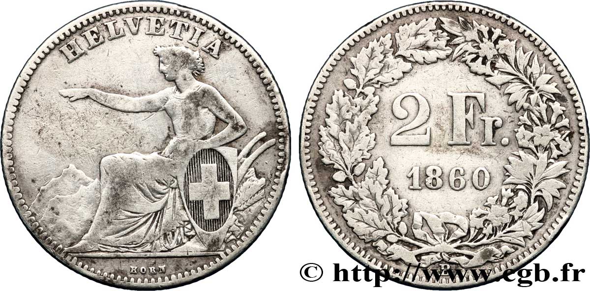SUISSE 2 Francs Helvetia 1860 Berne - B TB/TTB 