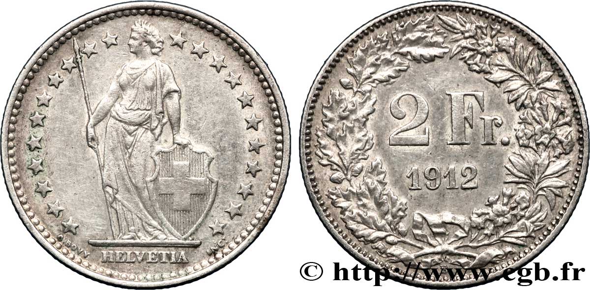 SUISSE 2 Francs Helvetia 1912 Berne - B TTB 