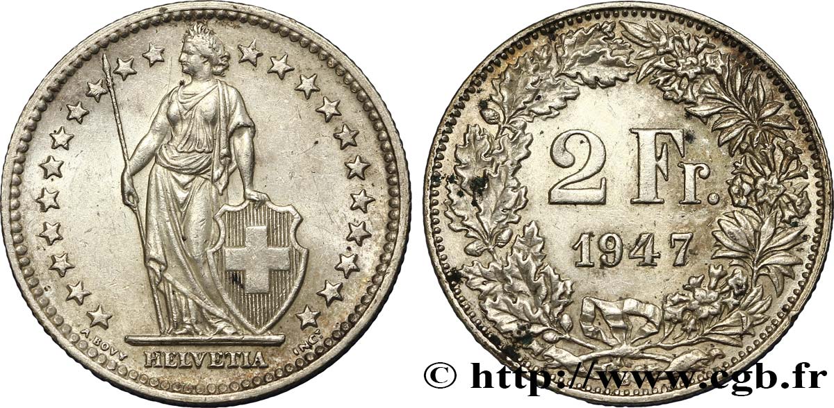 SWITZERLAND 2 Francs Helvetia 1947 Berne AU 