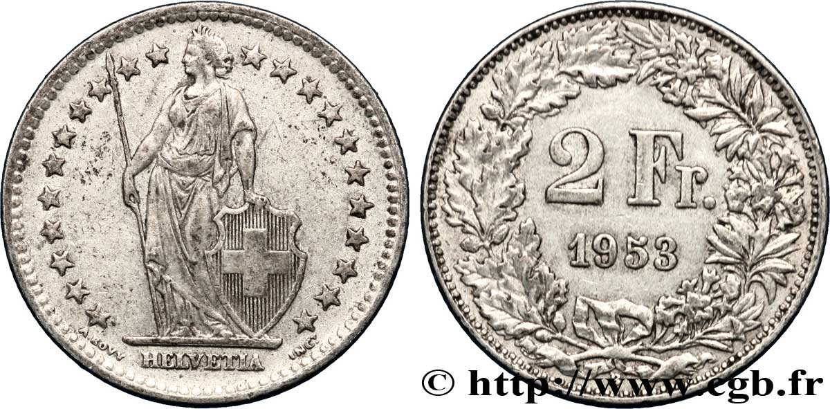 SWITZERLAND 2 Francs Helvetia 1953 Berne - B AU 