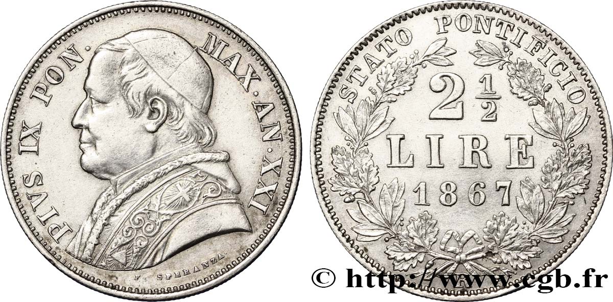 VATICAN ET ÉTATS PONTIFICAUX 2 1/2 Lire Pie IX an XXI 1867 Rome TTB+ 