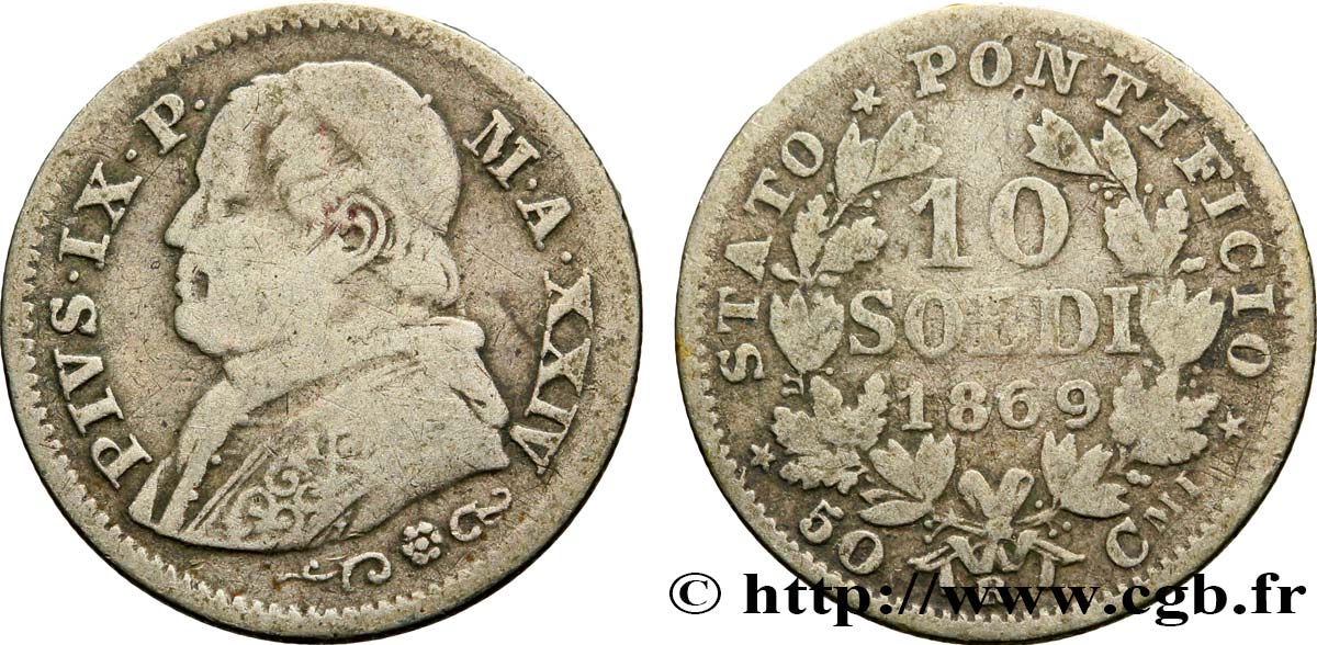 VATICANO E STATO PONTIFICIO 10 Soldi (50 Centesimi) Pie IX an XXIV 1869 Rome MB 