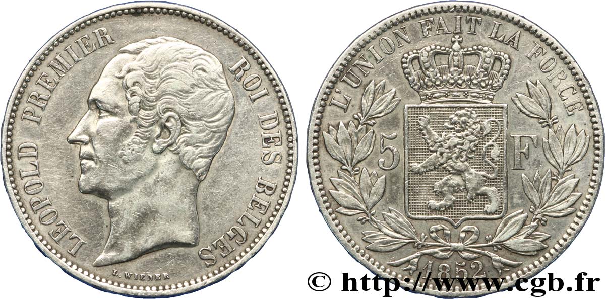 BELGIQUE 5 Francs Léopold Ier 1852  TTB 