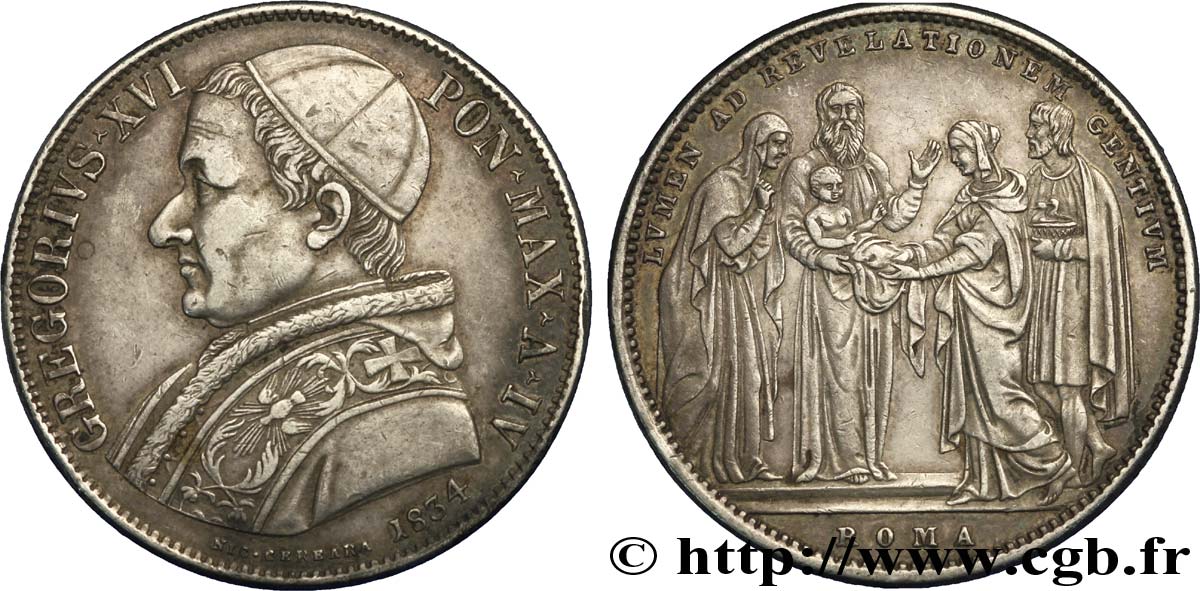 VATICAN ET ÉTATS PONTIFICAUX 1 Scudo Grégoire XVI, naissance de Jésus an IV 1834 Rome TTB+ 