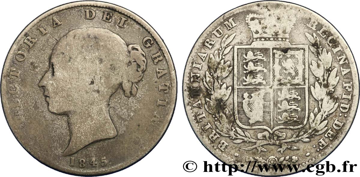 ROYAUME-UNI 1/2 Crown Victoria buste jeune / blason 1845  B+ 