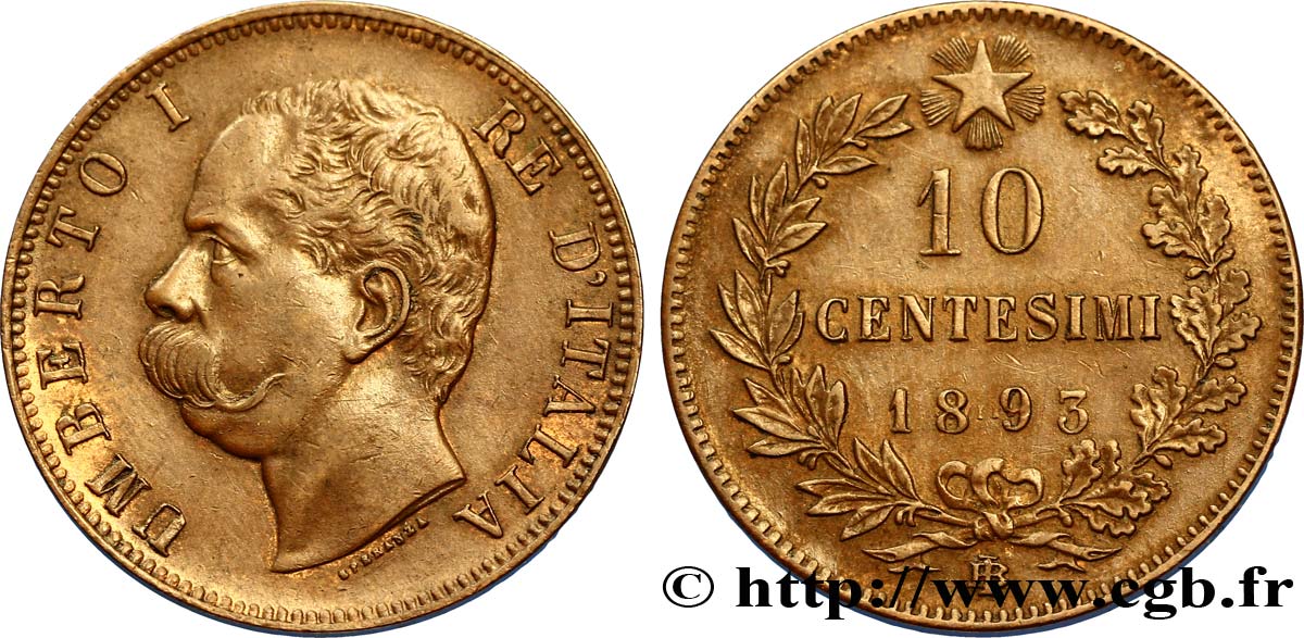 ITALIE 10 Centesimi Humbert Ier 1893 Birmingham TTB+ 