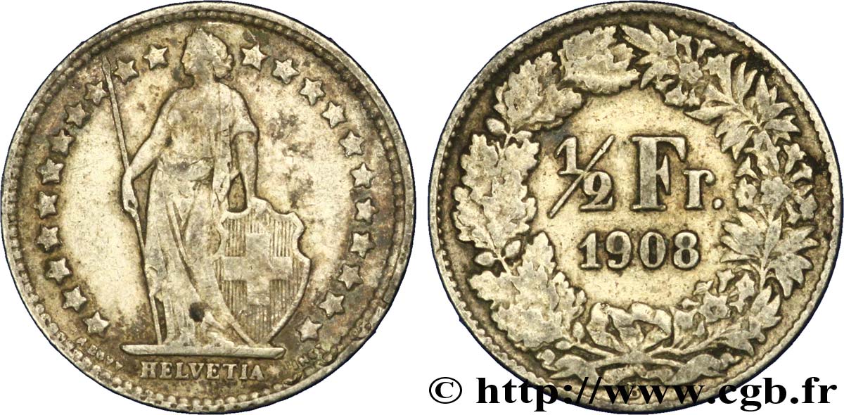 SWITZERLAND 1/2 Franc Helvetia 1908 Berne XF 
