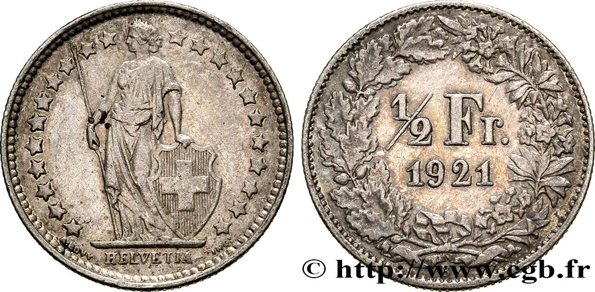 SWITZERLAND 1/2 Franc Helvetia 1921 Berne - B AU 