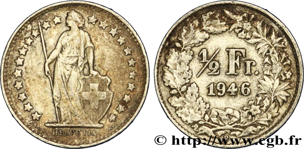 SWITZERLAND 1/2 Franc Helvetia 1946 Berne AU 
