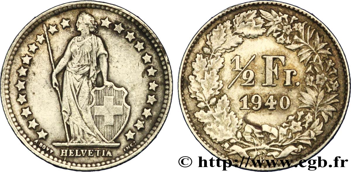 SWITZERLAND 1/2 Franc Helvetia 1940 Berne - B XF 
