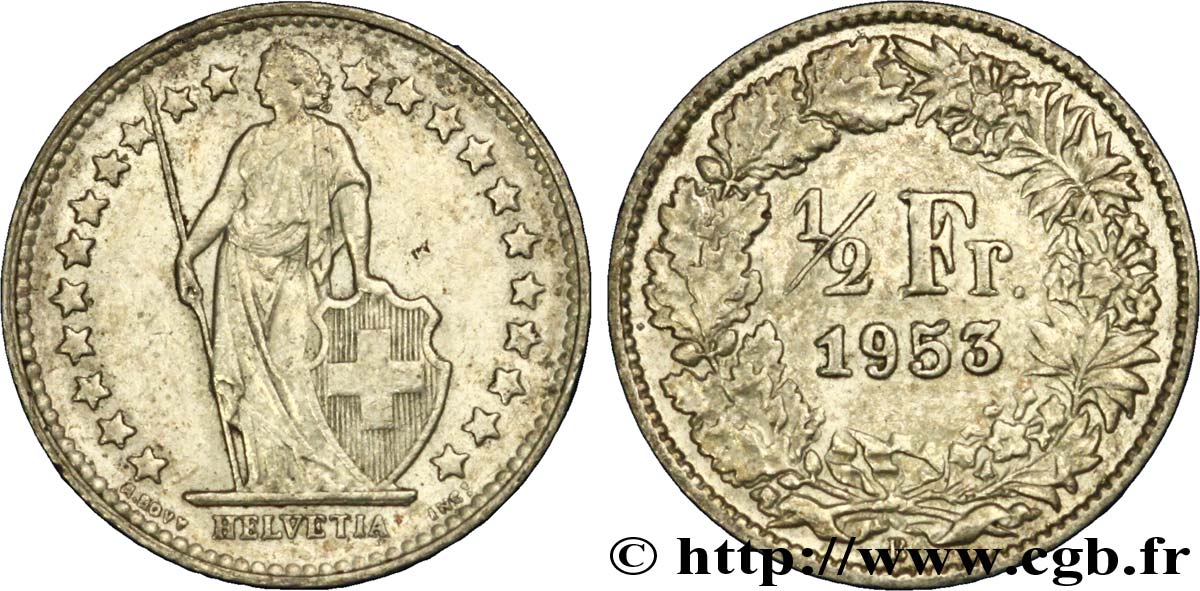 SWITZERLAND 1/2 Franc Helvetia 1953 Berne - B XF 