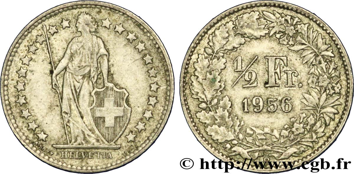 SWITZERLAND 1/2 Franc Helvetia 1956 Berne XF 