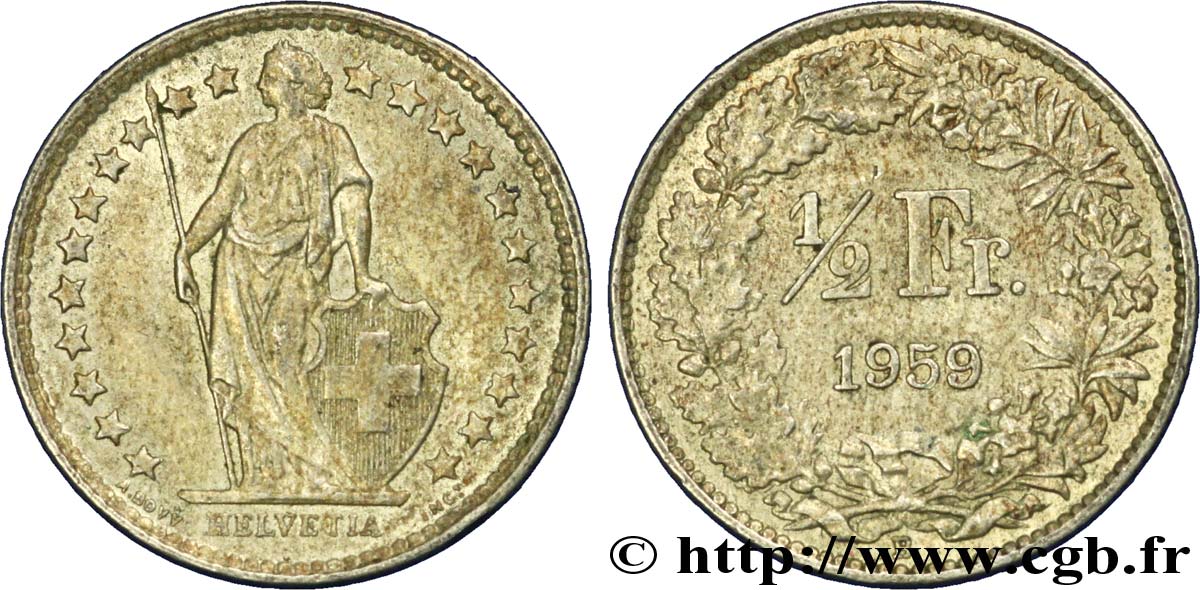 SWITZERLAND 1/2 Franc Helvetia 1959 Berne XF 