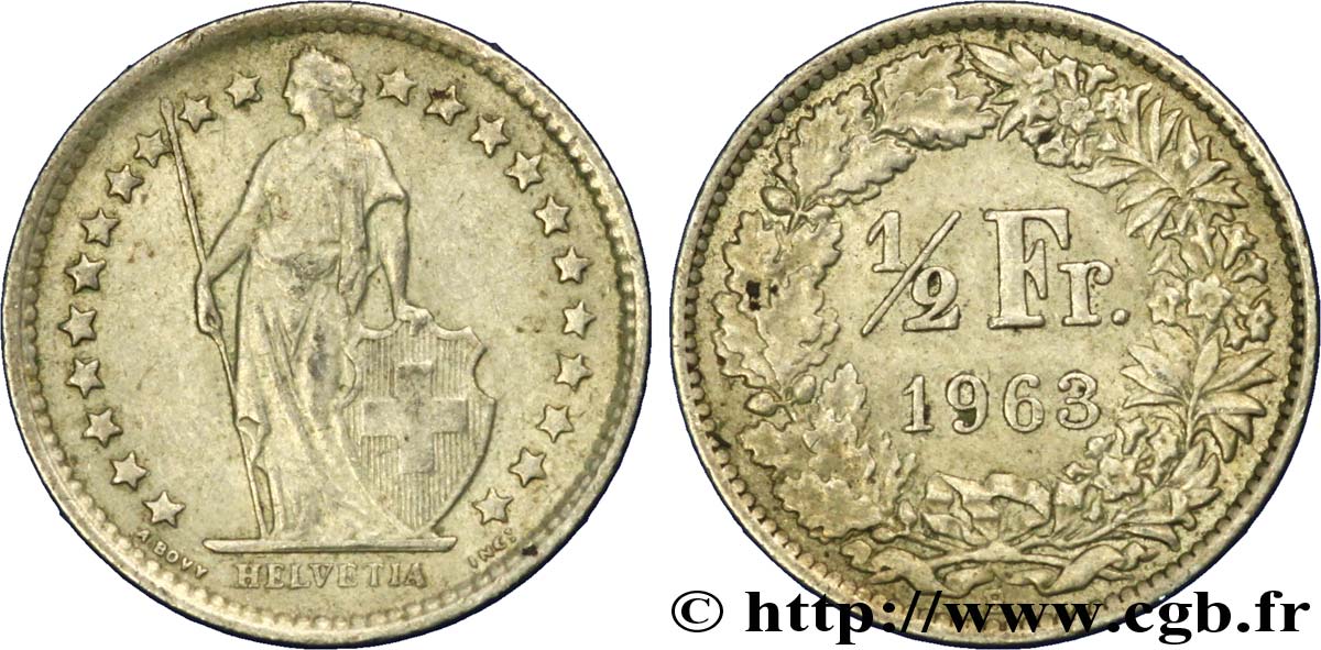SWITZERLAND 1/2 Franc Helvetia 1963 Berne - B XF 
