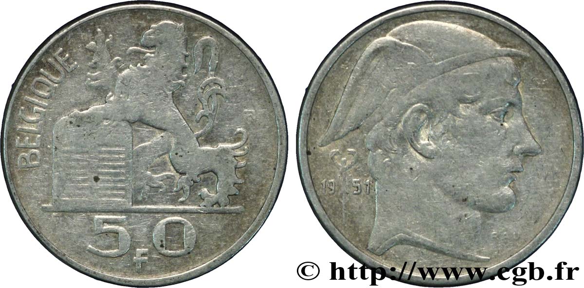 BELGIQUE 50 Francs lion posé sur les tables de la loi / Mercure légende française 1951  TTB 