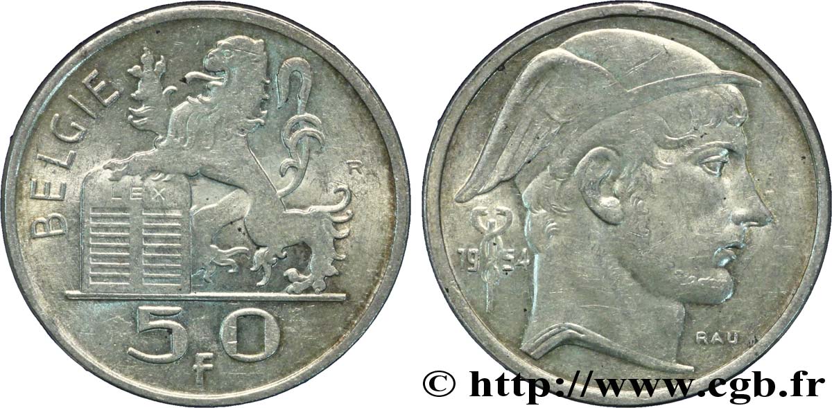 BELGIQUE 50 Francs lion posé sur les tables de la loi / Mercure légende flamande 1954  SUP 