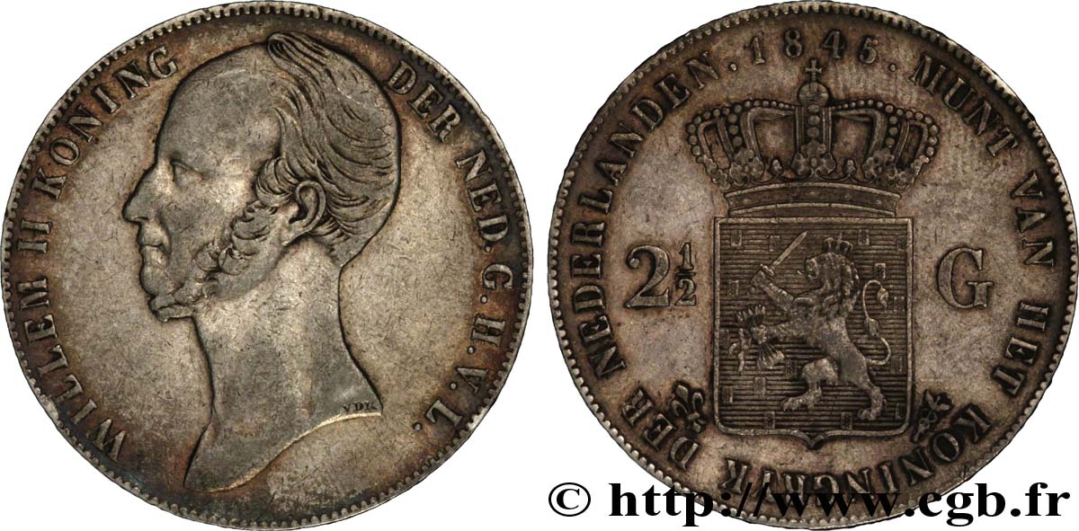 PAYS-BAS 2 1/2 Gulden Guillaume II 1845 Utrecht TTB 