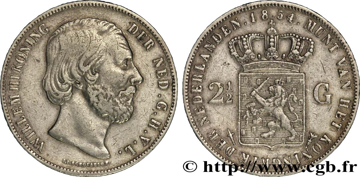 PAYS-BAS 2 1/2 Gulden Guillaume III 1854 Utrecht TB 