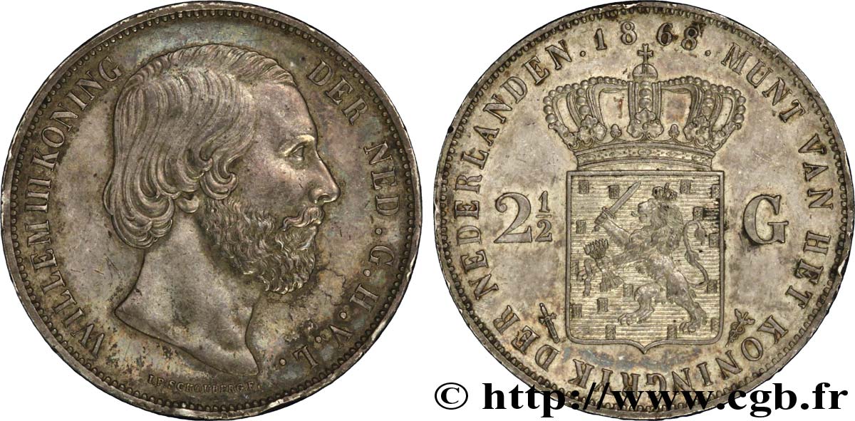 PAYS-BAS 2 1/2 Gulden Guillaume III 1868 Utrecht SUP 
