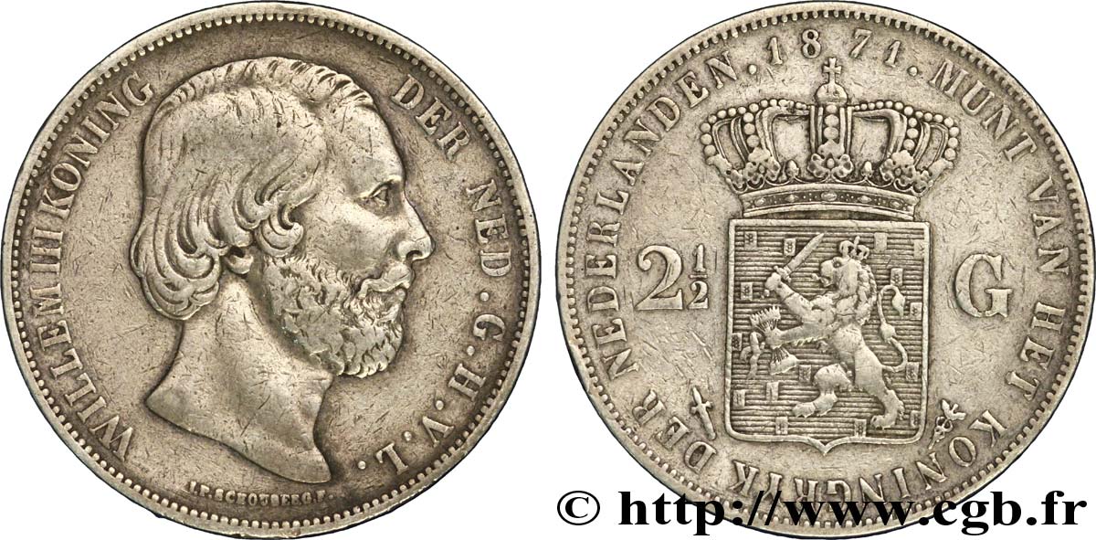 PAYS-BAS 2 1/2 Gulden Guillaume III 1871 Utrecht TB+ 