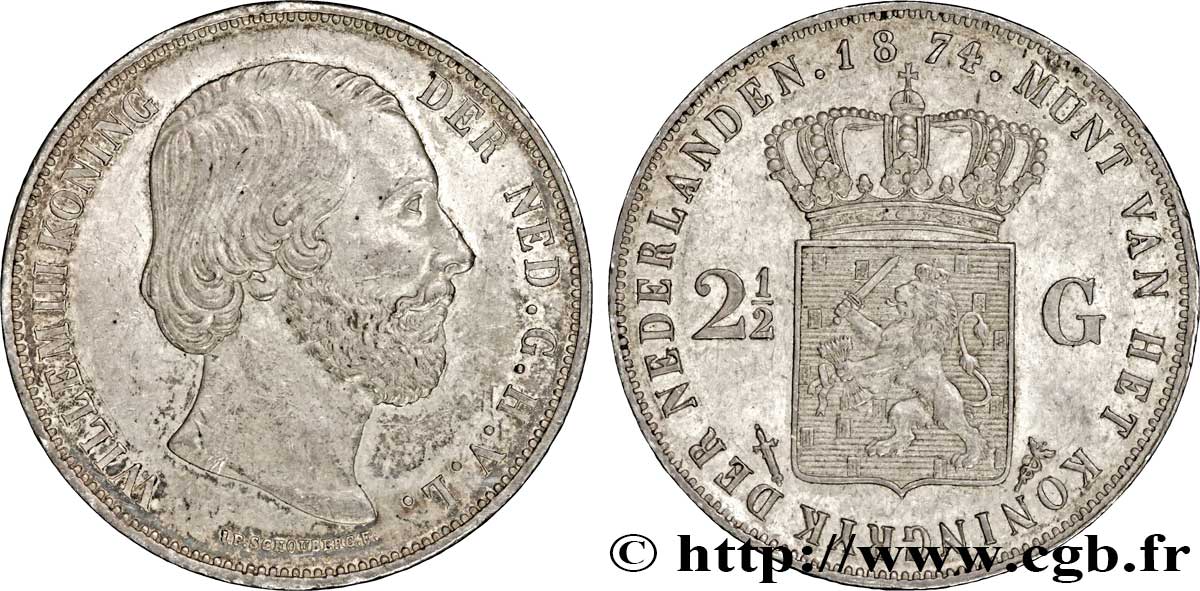 PAYS-BAS 2 1/2 Gulden Guillaume III 1874 Utrecht SUP 