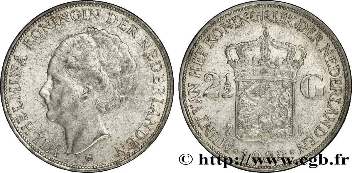 PAYS-BAS 2 1/2 Gulden Wilhelmina 1929  TTB 