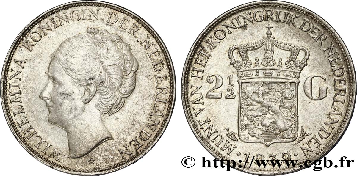 PAYS-BAS 2 1/2 Gulden Wilhelmina 1939 Utrecht TTB+ 