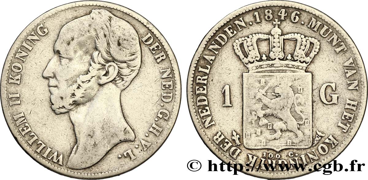 PAYS-BAS 1 Gulden Guillaume II, différent fleur de lys 1846 Utrecht TB 