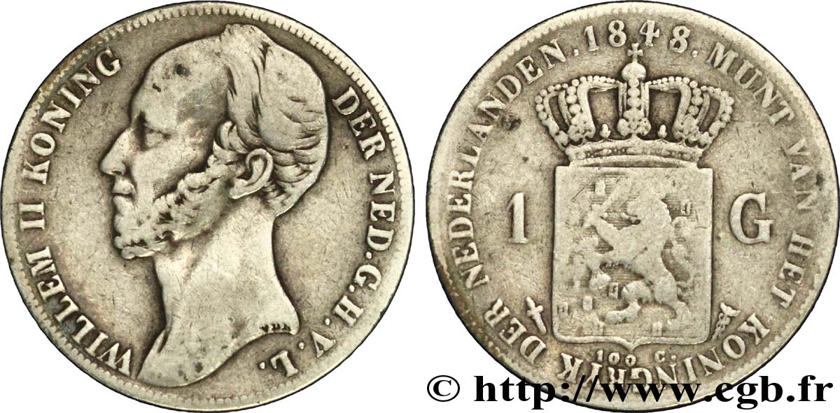 NETHERLANDS 1 Gulden Guillaume II / écu couronné 1848 Utrecht VF 