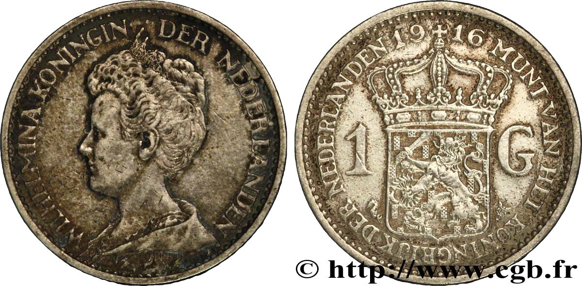 PAYS-BAS 1 Gulden Wilhelmina 1916  TTB 