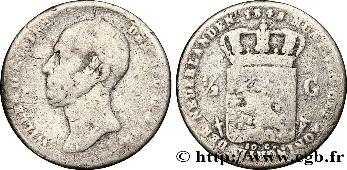 PAYS-BAS 1/2 Gulden Guillaume II 1848 Utrecht B+ 