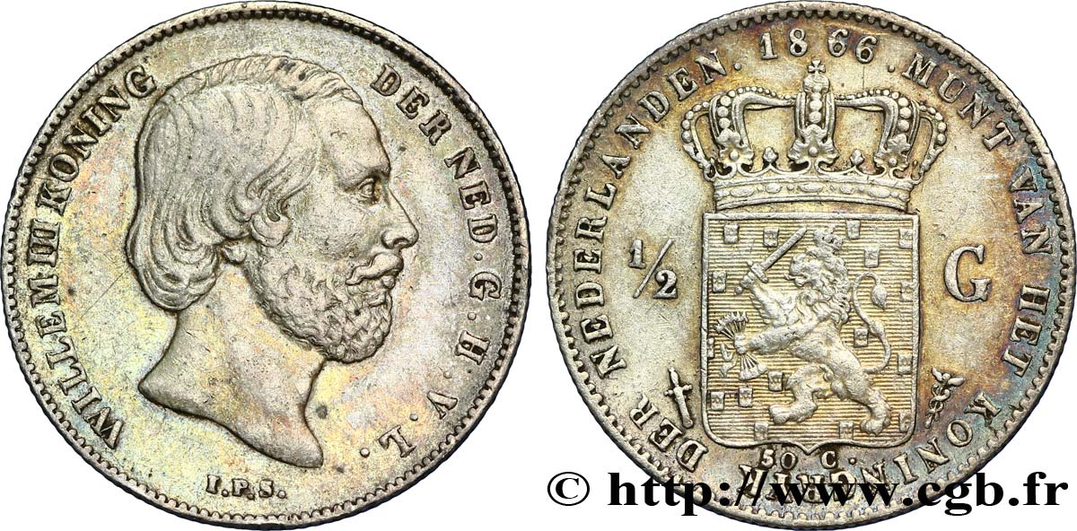 PAYS-BAS 1/2 Gulden Guillaume III 1866 Utrecht TTB+ 