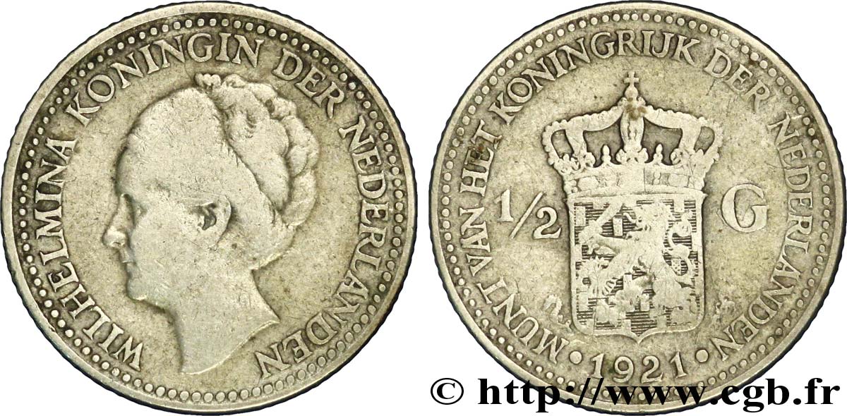 PAYS-BAS 1/2 Gulden Wilhelmina 1921  TB 