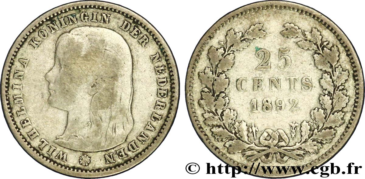 NETHERLANDS 25 Cents Wilhelmine 1892 Utrecht VF 
