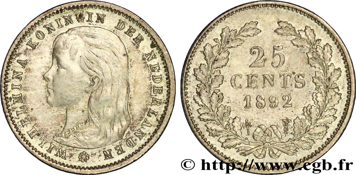 PAYS-BAS 25 Cents Wilhelmine 1892 Utrecht TTB 