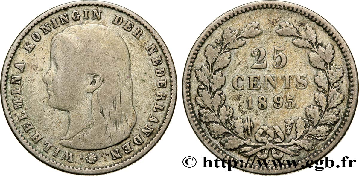 NETHERLANDS 25 Cents Wilhelmine 1895 Utrecht VF 
