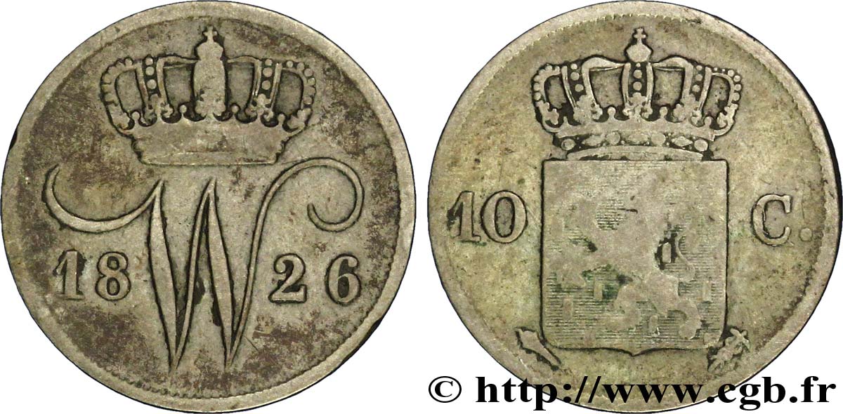 NETHERLANDS 10 Cents emblème monogramme de Guillaume Ier 1826 Utrecht VF 