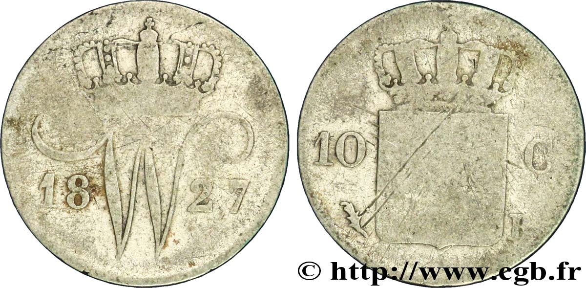 PAYS-BAS 10 Cents emblème monogramme de Guillaume Ier 1827 Utrecht B+ 