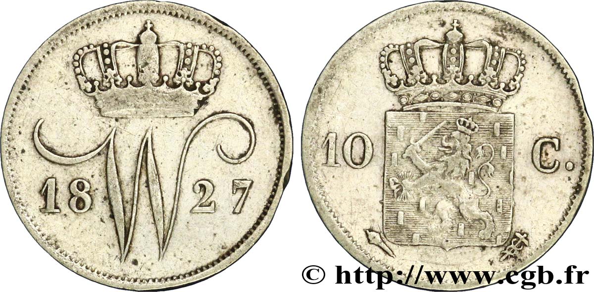 PAYS-BAS 10 Cents emblème monogramme de Guillaume Ier 1827 Utrecht TB+ 