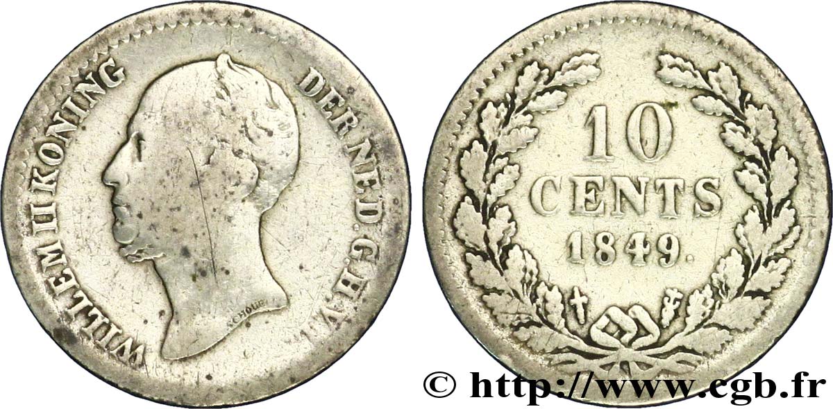 NETHERLANDS 10 Cents Guillaume II 1849 Utrecht VF 