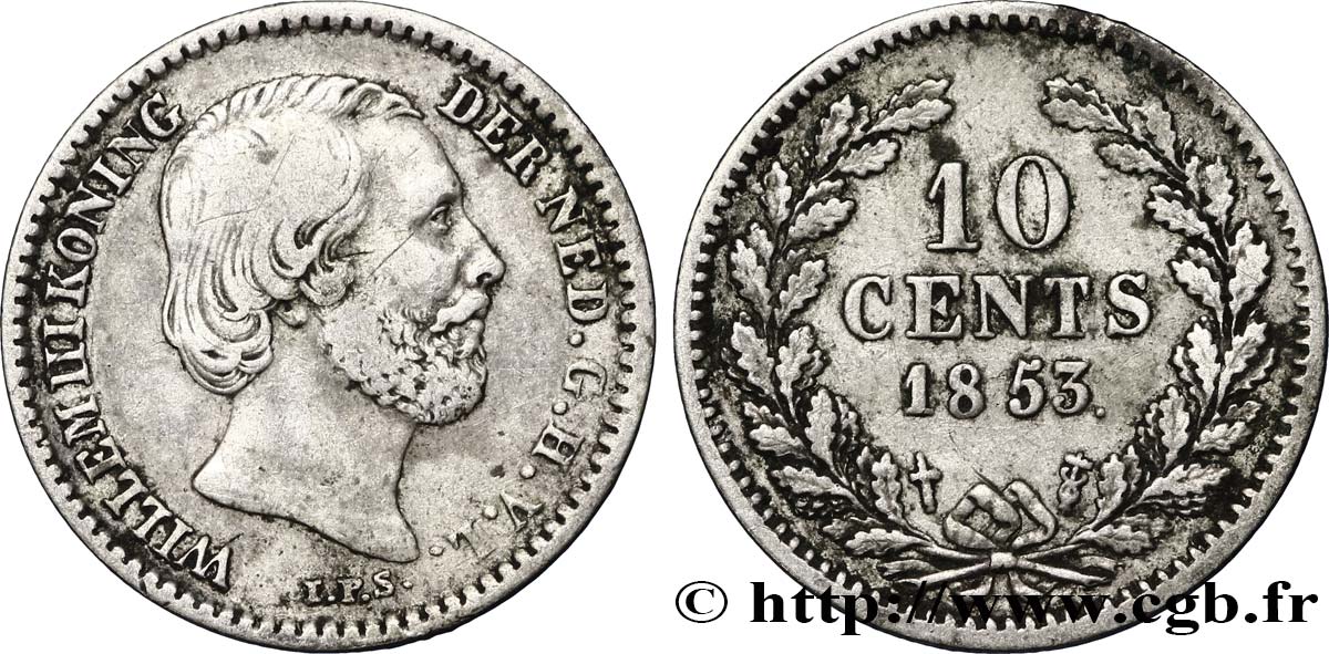 PAYS-BAS 10 Cents Guillaume III 1853 Utrecht TTB 