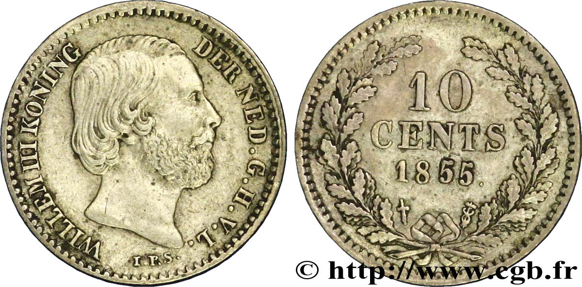 PAYS-BAS 10 Cents Guillaume III 1855 Utrecht TTB+ 