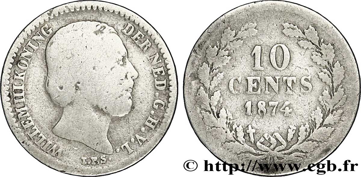 PAYS-BAS 10 Cents Guillaume III 1874 Utrecht B+ 