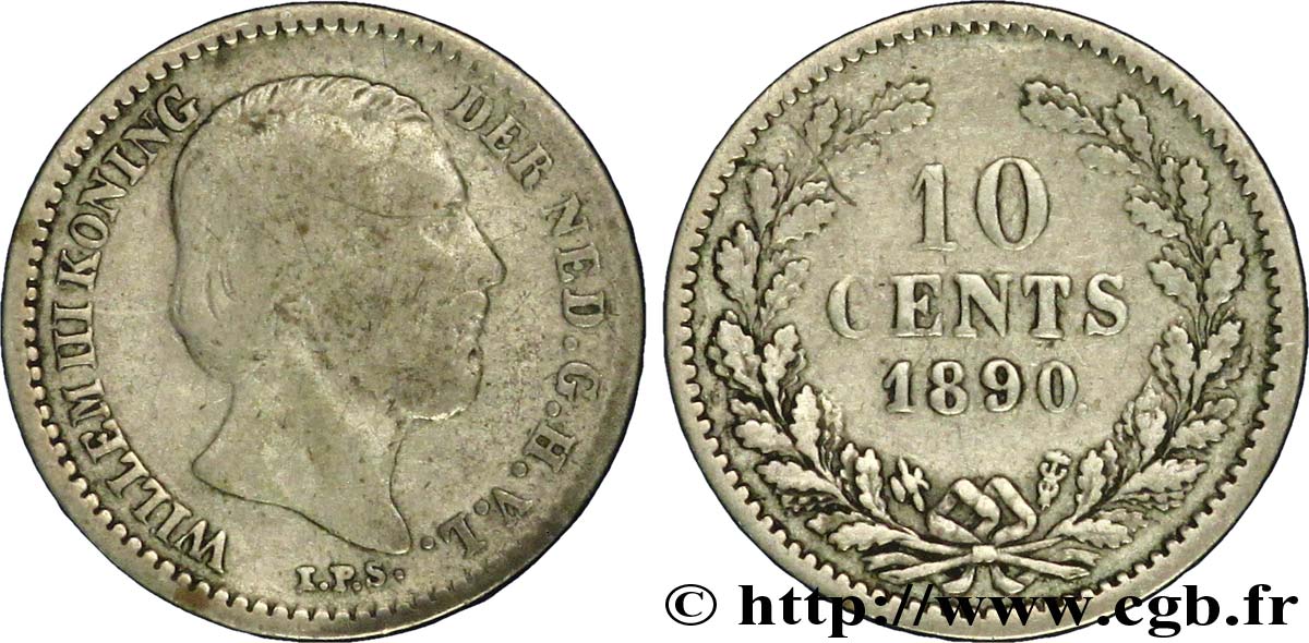PAYS-BAS 10 Cents Guillaume III 1890 Utrecht TB 