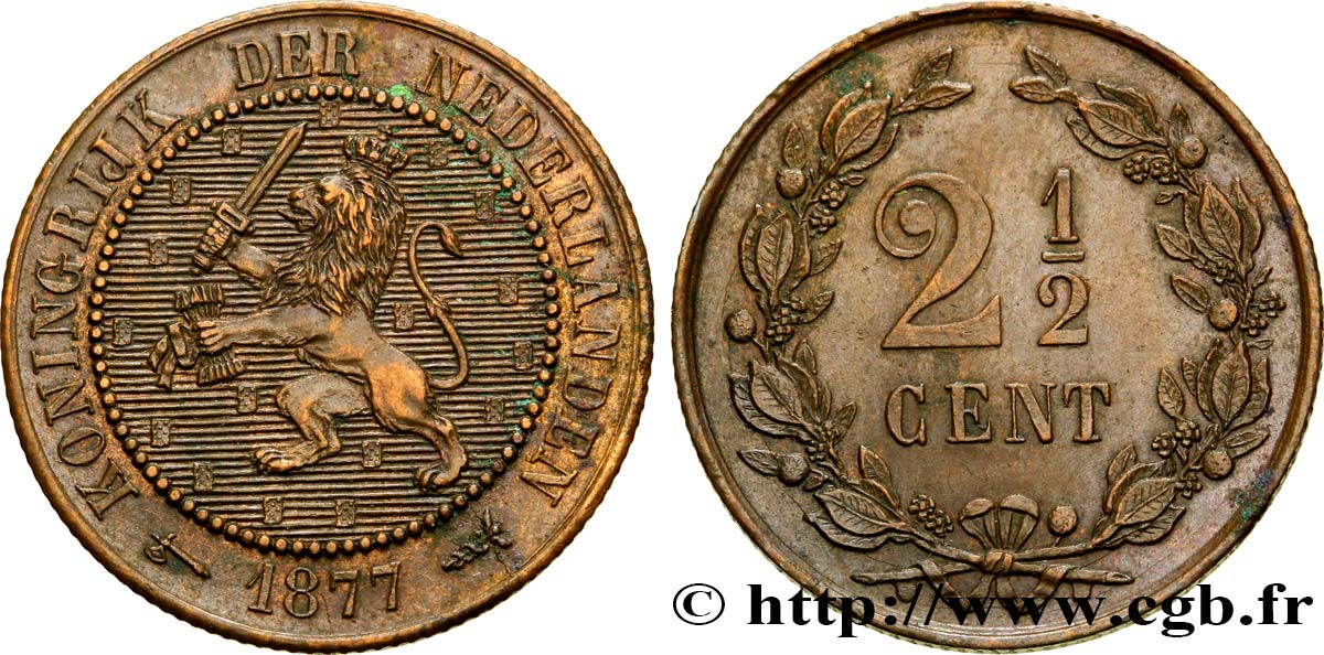 PAESI BASSI 2 1/2 Cents lion couronné 1877 Utrecht SPL 