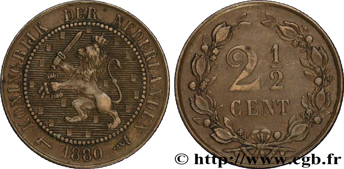 NETHERLANDS 2 1/2 Cents lion couronné 1880 Utrecht XF 