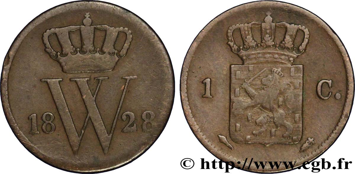 NETHERLANDS 1 Cent emblème monogramme de Guillaume Ier 1828 Utrecht VF 